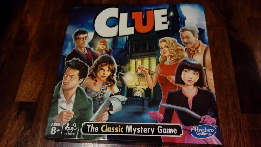 Closeup of the box cover of the game, Clue.