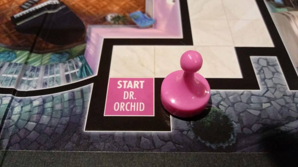 A closeup of Dr. Orchid and her starting space in Clue.