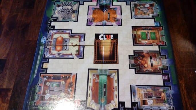 Closeup of the Clue game rooms on the board.