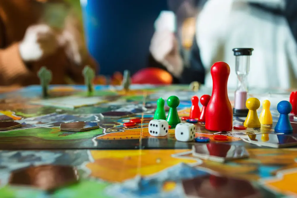 Closeup of a board game and its components.