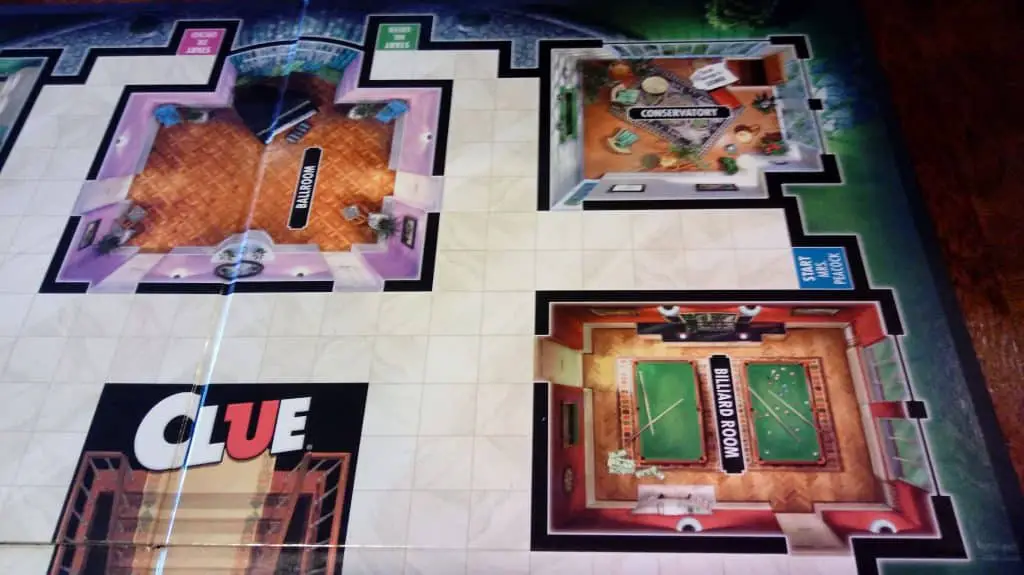 Closeup of a few of the Clue game rooms.