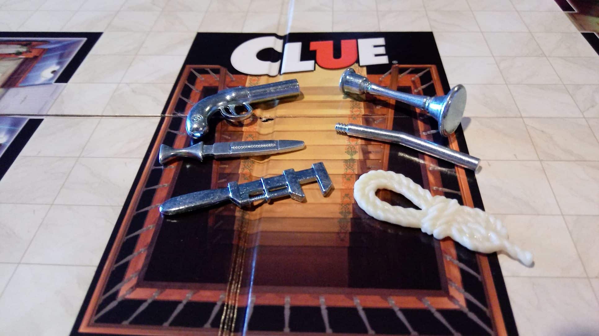 Closeup of the Clue weapon choices on the game board.