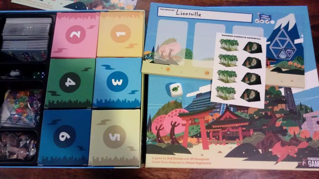 Closeup of open Machi Koro Legacy game box with all components showing.