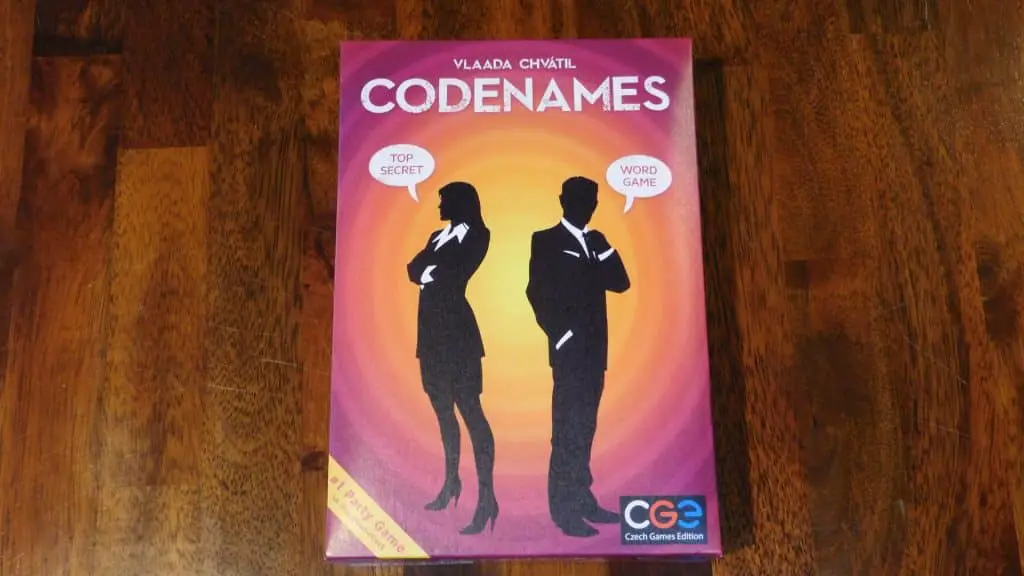 A closeup of one of the box covers for this list's filler games, Codenames.