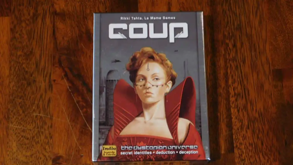 A closeup of the box cover for Coup.