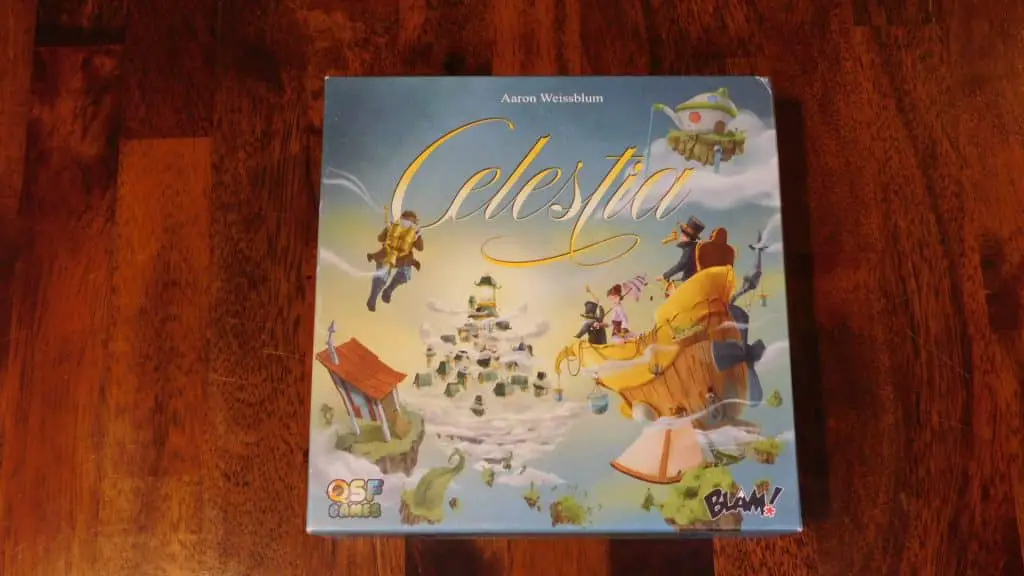 A closeup of the box cover for Celestia, which is another great choice when it comes to ideas for filler games.