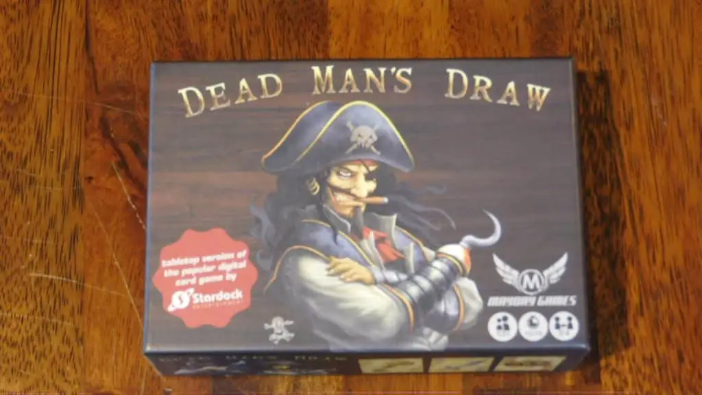 A closeup of the box cover for Dead Man's Draw, which is another great choice when it comes to ideas for filler games.