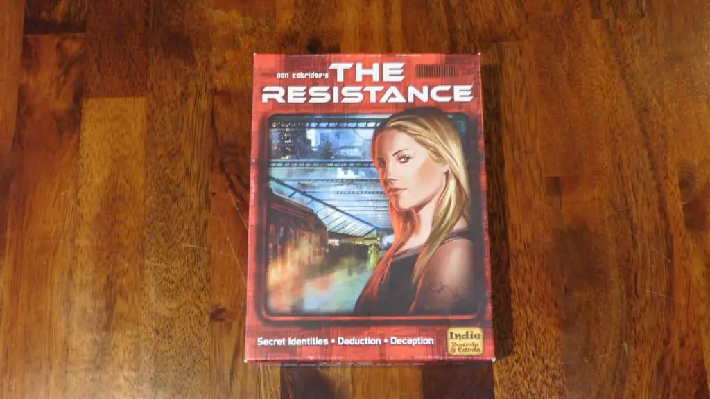 A closeup of the box cover for The Resistance, one of this list's filler games.