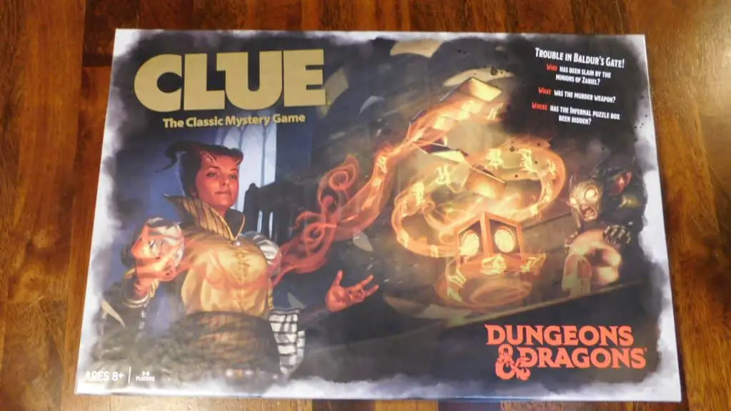 Closeup of the box cover of the Dungeons & Dragons version of Clue.