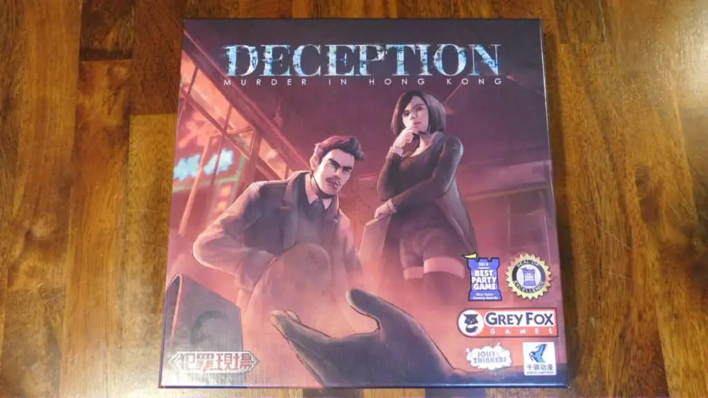 Closeup of the box cover for Deception: Murder In Hong Kong.