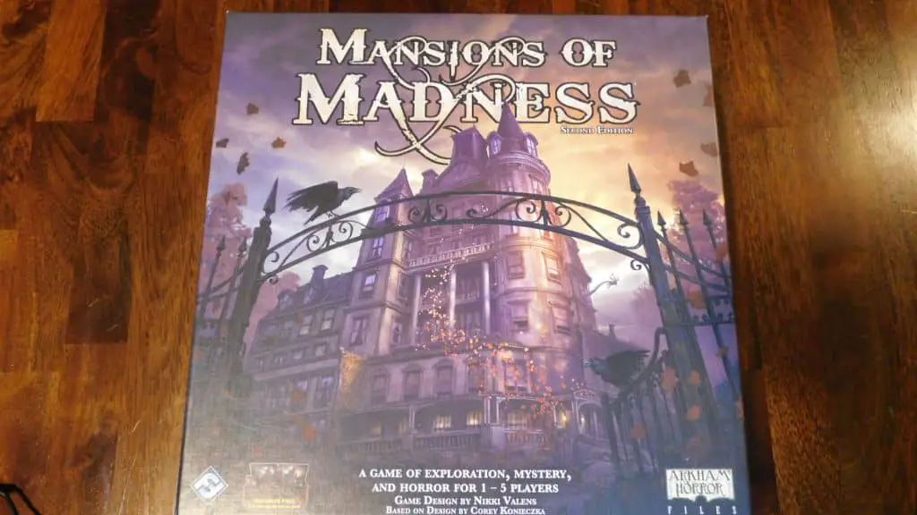 Closeup of the box cover of Mansions Of Madness 2nd Edition.