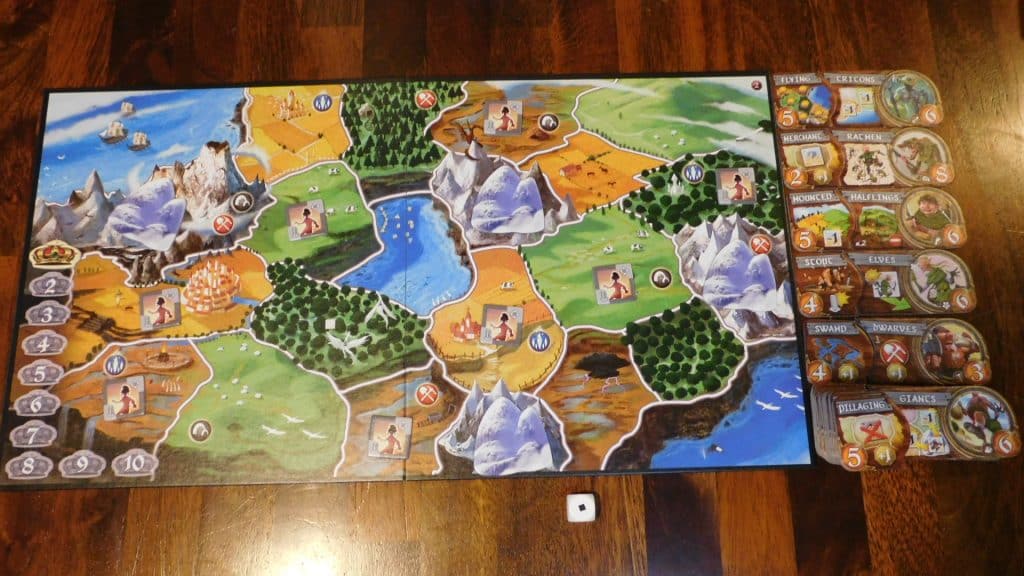 A closeup of Small World set up for 2 players.