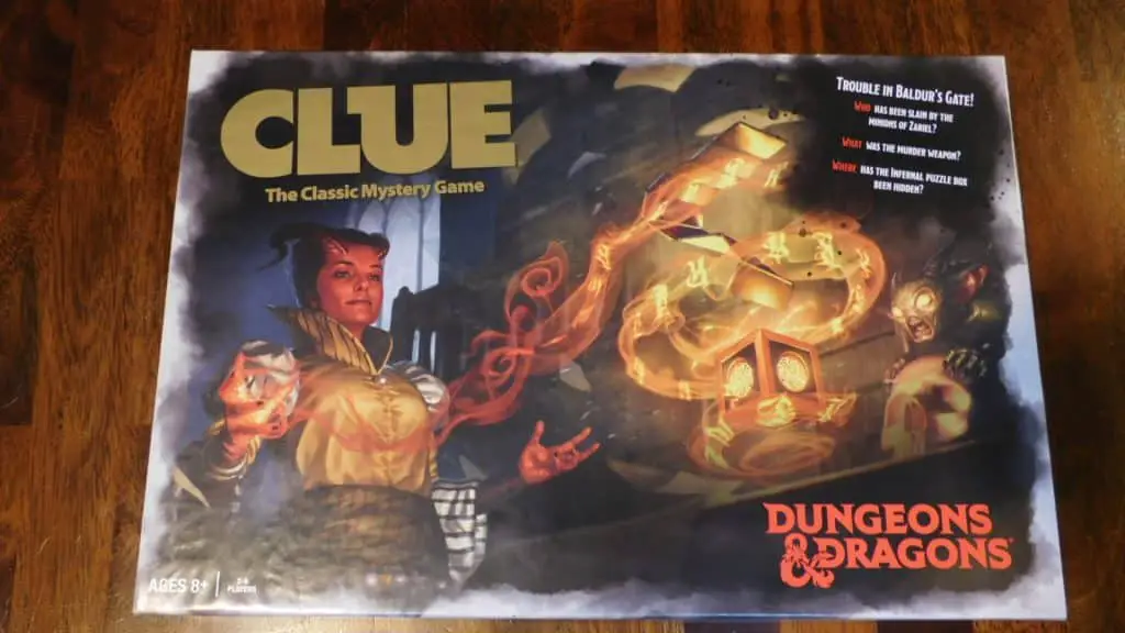 A closeup of the box cover for Clue: Dungeons & Dragons.