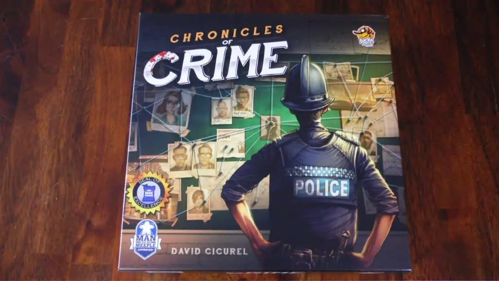 A closeup of the box cover for the board game, Chronicles of Crime.