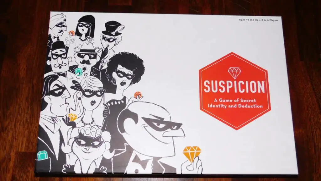 A closeup of the box cover for the board game, Suspicion.