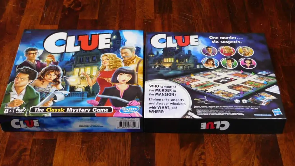 The front and back of the box for Clue the game.