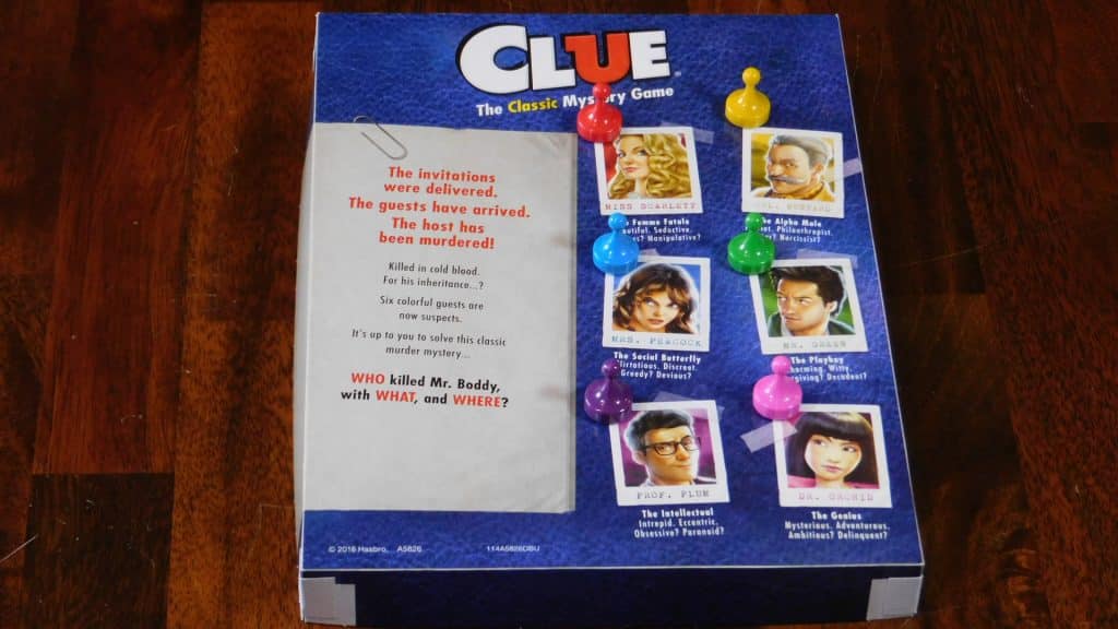 Inside box cover of Clue with the people in the game and their pawns.