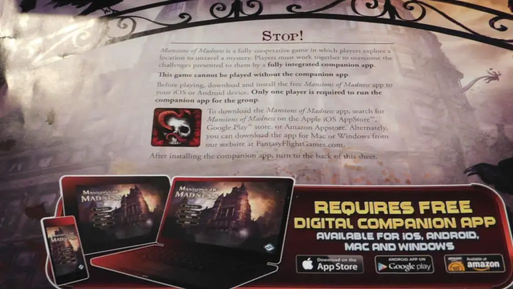 A closeup of the Mansions Of Madness 2nd Edition rulebook page talking about its app.