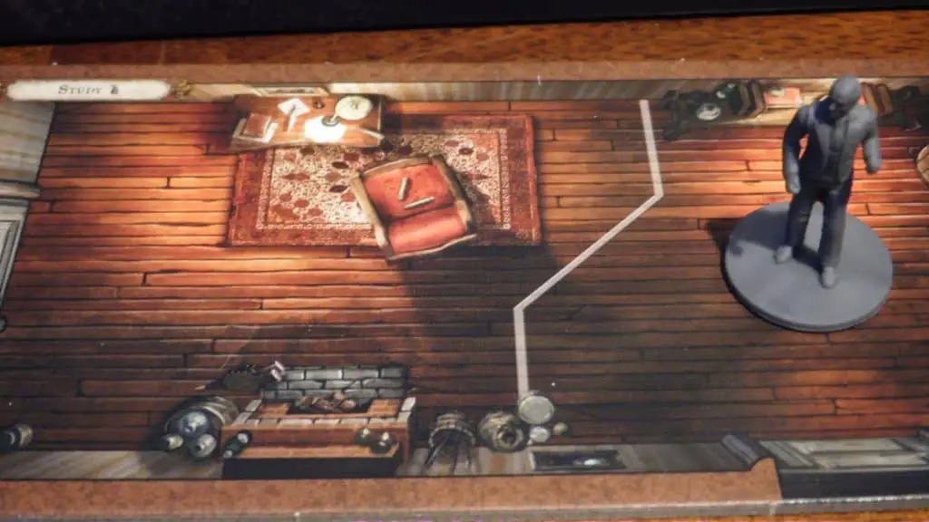 A closeup of one of Mansions Of Madness 2nd Edition's room tiles with a miniature standing on it.