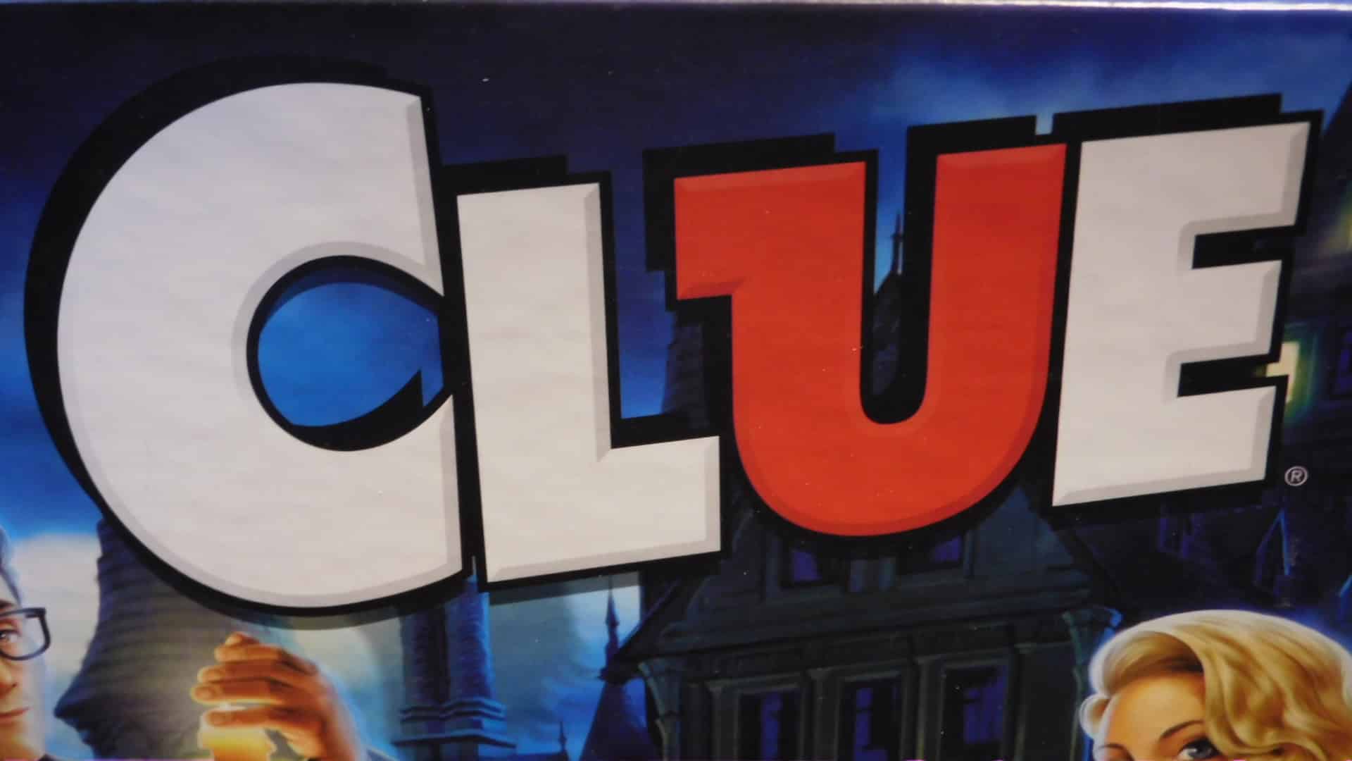 A closeup of the word, "Clue" on the box cover of the same game.