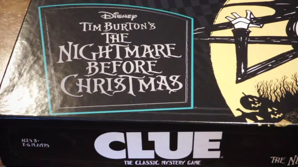 A closeup of the words, "Tim Burton's The Nightmare Before Christmas" on the box cover of the game of the same name.