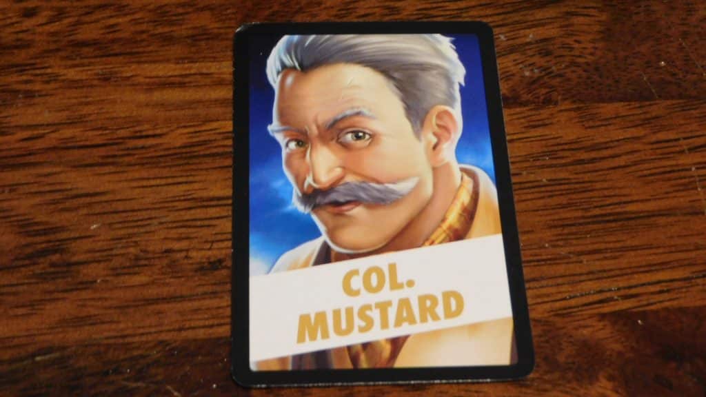 A close up of Colonel Mustard's card from Clue (2018).