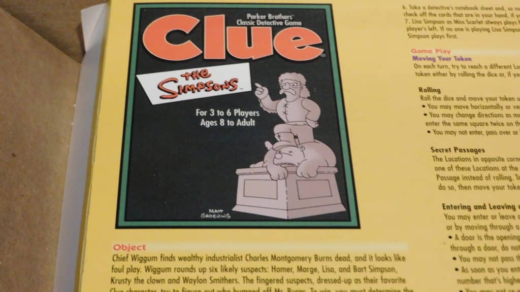 A closeup of part of the rules for Simpsons Clue 2nd Edition.