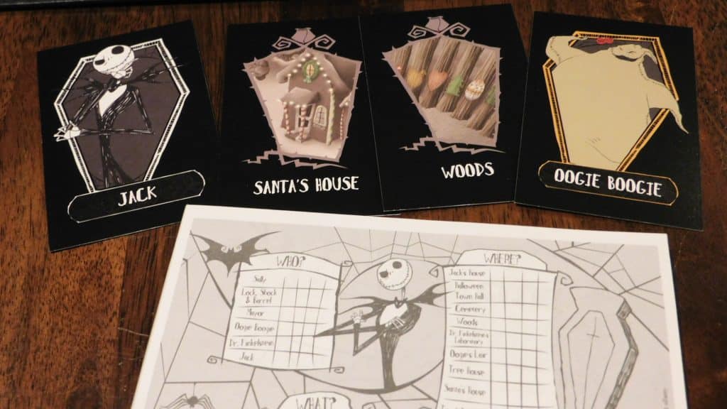 Clue: Tim Burton's Nightmare Before Christmas closeup showing the clue sheet and some rumor cards.