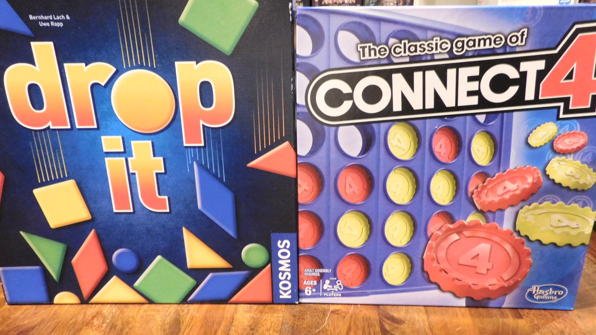 The Drop It box and Connect 4 box side by side.