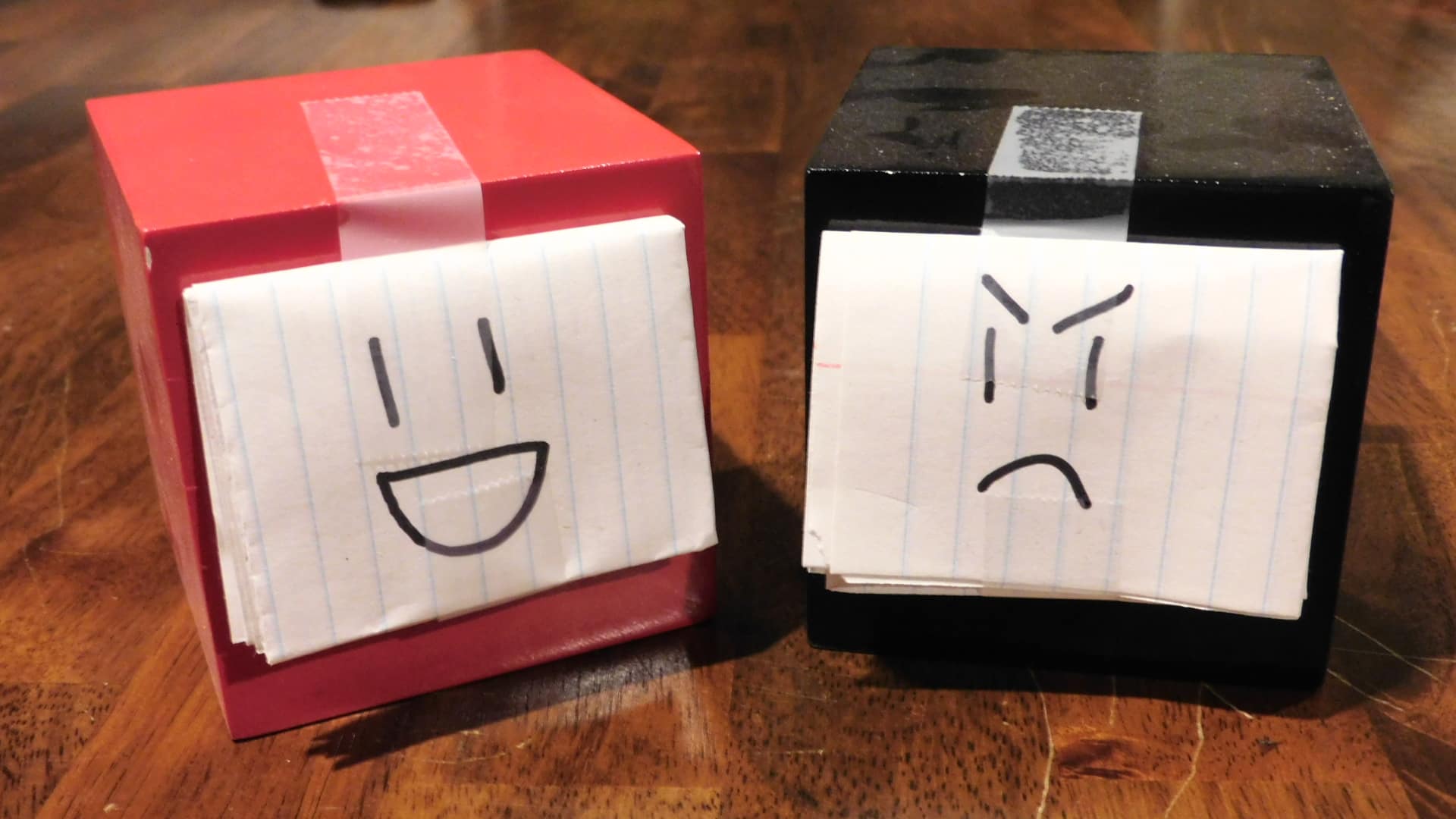 A black cube next to a red cube. Both have faces on pieces of paper taped to them.