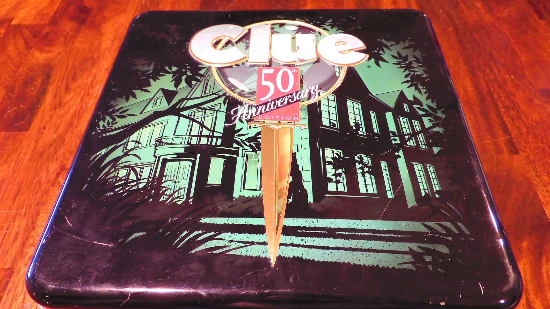 A closeup of the box cover for the 50th Anniversary Edition Of Clue.
